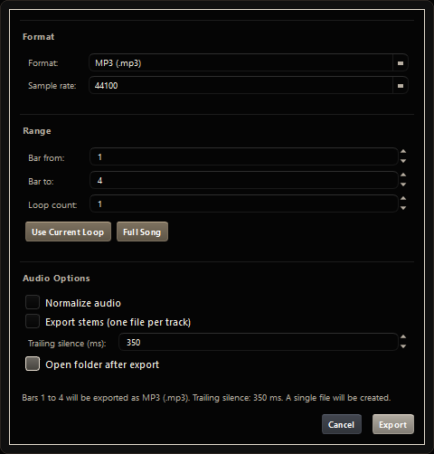 Export dialog