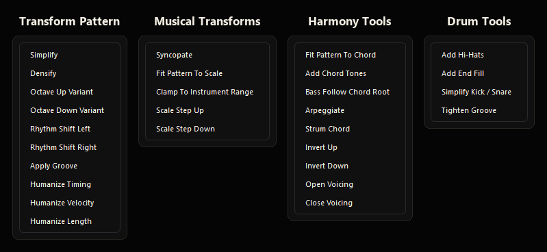 Pattern tool categories