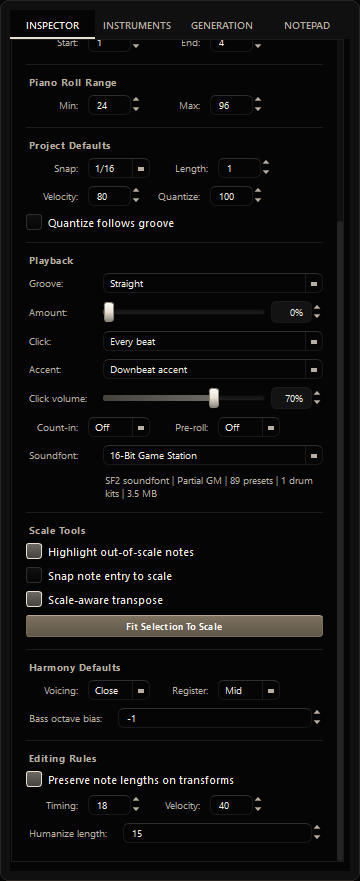 Project tab lower controls