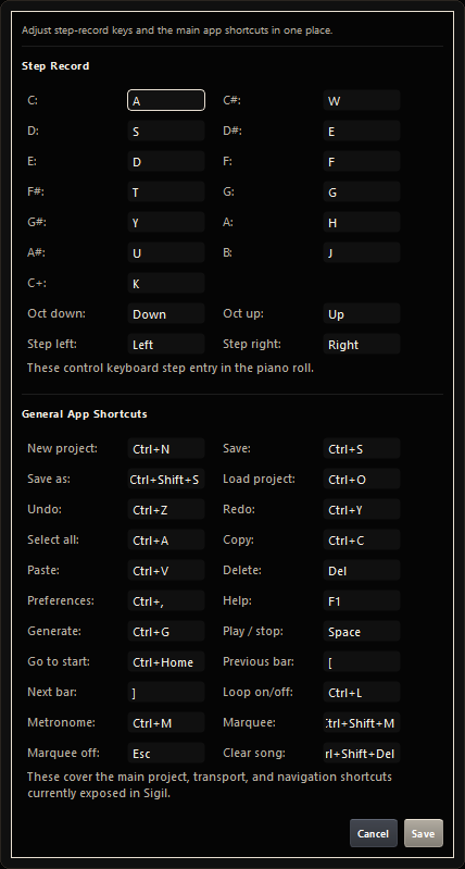 Shortcuts dialog