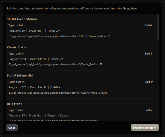 Manage soundfonts dialog